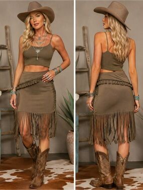 NEW POL Boho Ribbed Fringe Skirt Gypsy Festival Hippie Bohemian M